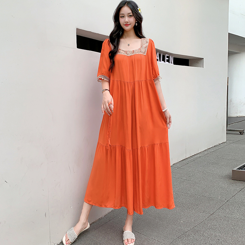 MY12668# 跨境胖MM大码女装孕妇裙民族风复古沙滩长裙人棉绸大摆裙连...