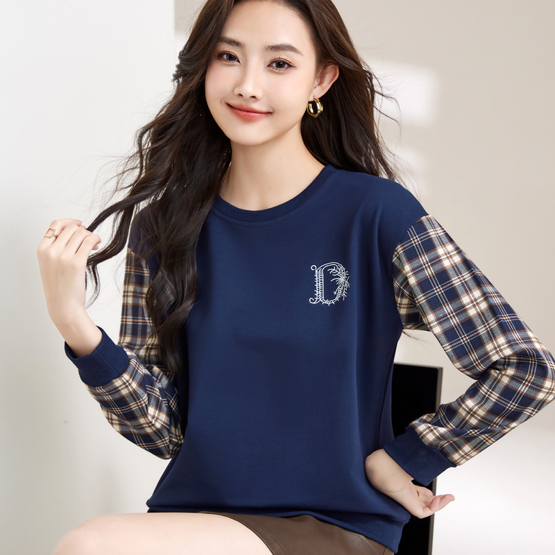 PF28406#新品百搭休闲文艺学院风卫衣外穿女拼格子宽松长袖上衣女裝貨源服裝批發