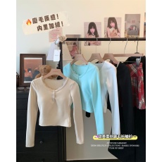 批发纯欲辣妹风纽扣上衣早秋德绒抽条保暖长袖T恤带胸垫内搭打底衫