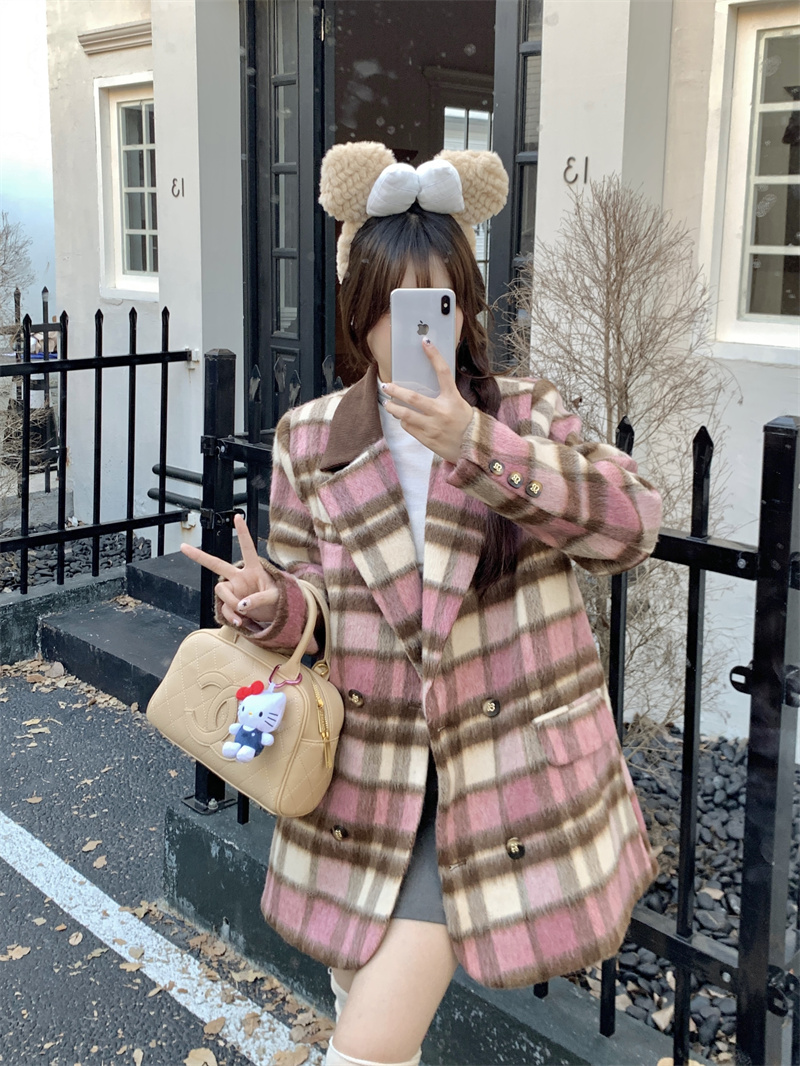 실사 가을 겨울 한 부서 품격 모직 코트 여성 올해 인기 정장 스타일 체크무늬 모직 외투