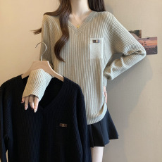 批发2026春<b class='q'>秋</b>新款V领坑条长袖针织衫上衣大码女装微胖mm<b class='q'>秋</b>冬内搭毛衣