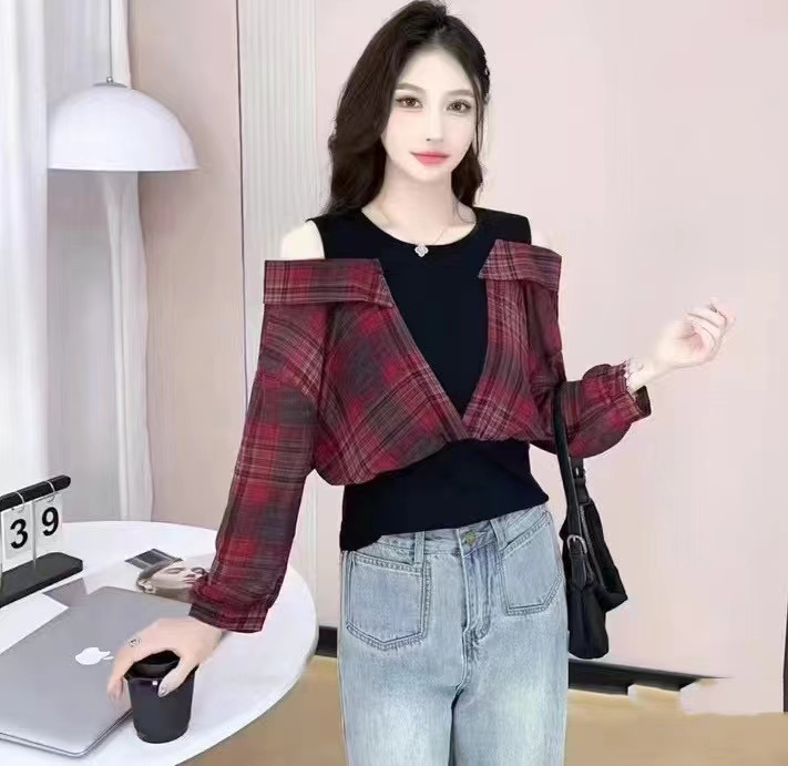PF25858# 韩版设计感假两件衬衣露肩复古拼色修身长袖上衣