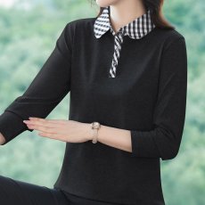 批发纯棉长袖T恤女有领中年妈妈上衣2024年新款格子磨毛绒popl衫<b class='q'>春</b>秋