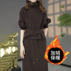批发大码秋冬加绒加厚两件套连衣裙女遮肚子韩版外套<b class='q'>时尚</b>洋气套装裙子