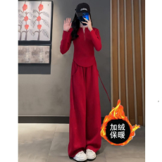 批发秋冬加绒加厚休闲时尚套装女修身百搭长袖<b class='q'>T</b><b class='q'>恤</b>上衣高腰阔腿裤套装