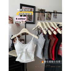 批发实价实拍磨毛绒绒蕾丝拼接吊带背心内搭带胸垫v领无袖上衣外穿