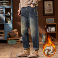 冬季加绒加厚保暖潮牌简约刺绣牛仔裤男宽松哈伦微锥直筒裤子