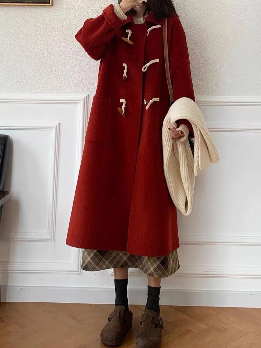 Black Horn Button Autumn and Winter Premium Coat for Women Small 2024 Autumn and Winter New Hepburn Style New Woolen Coat