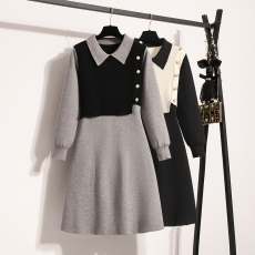 批发实拍大码女装2025冬新款针织连衣裙韩版假二件套显瘦打底<b class='q'>毛衣</b>裙子