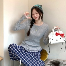 批发气质蕾丝花边<b class='q'>长袖</b>软糯针织衫女2026秋冬新款修身内搭薄款打底上衣