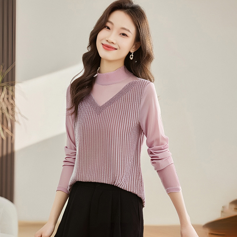 MY14126# 新款金丝绒竖条设计感洋气内搭T恤高领烫钻打底小衫女裝貨源服裝批發