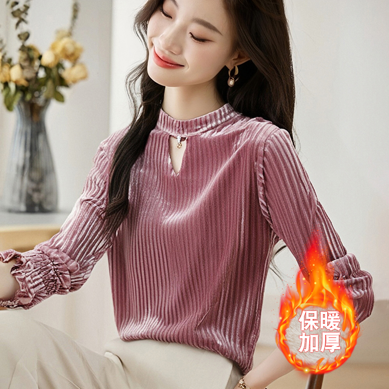 MY14127# 加绒金丝绒竖条设计感洋气内搭T恤高领烫钻打底小衫女裝貨源服裝批發