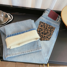 批发实拍韩版复合绒撞色豹纹口袋高腰直筒宽松显瘦阔腿牛仔长<b class='q'>裤子</b>女冬