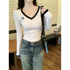 批发实拍2*2纯棉螺纹220克<b class='q'>长袖</b>t恤女2026春秋新款薄V领撞色修身<b class='q'>打底衫</b>