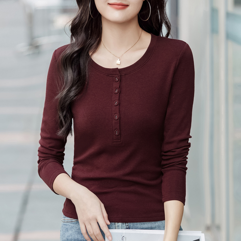 PF28402#美拉德风百搭弹力修身显瘦长袖圆领打底衫内搭外穿上衣女女裝貨源服裝批發