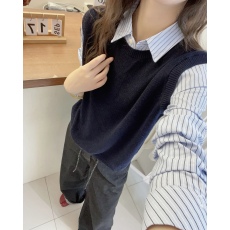 批发欧洲站2026春秋装新款欧货条纹<b class='q'>衬衫</b>拼接羊毛针织衫女春秋毛衣上衣