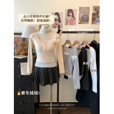 批发带胸垫春秋跨境女装新款BM风纯欲辣妹碎花拼接假两件T恤上衣批发