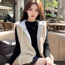 批发AI图 时尚<b class='q'>百搭</b>冬季新款加厚夹棉毛绒连帽马甲女外套上衣外搭