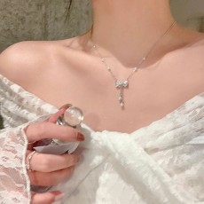 批发小众高级感微镶锆石蝴蝶结项链女百搭气质长款流苏珍珠锁骨链颈链
