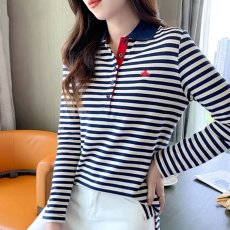 批发纯棉翻领条纹长袖T恤女秋<b class='q'>冬</b>装宽松显瘦有领上衣运动休闲外穿小衫