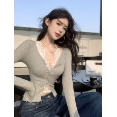 批发人棉坑条+蕾丝 新款v领长袖开衫蕾丝内搭修身<b class='q'>百搭</b>灰色瘦叠穿上衣