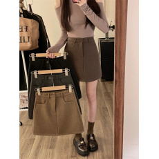 批发大码裙子防走光毛呢半身裙女秋季高腰包臀裙百搭A字裙黑色短裙潮