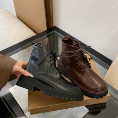 批发秋冬新款机车短靴水洗缩纹马皮圆头英伦系带厚底马丁靴女