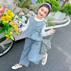批发2024秋季<b class='q'>女童</b><b class='q'>三</b>件套装长袖打底衫上衣+设计感<b class='q'>马甲</b>阔腿长裤女宝宝