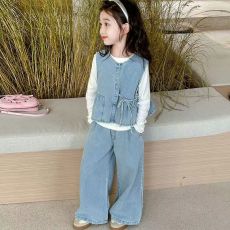 批发2024早秋新款女孩韩版简约套装仿<b class='q'>牛仔</b><b class='q'>女童</b><b class='q'>马甲</b>阔腿<b class='q'>裤</b>打底衫儿童装