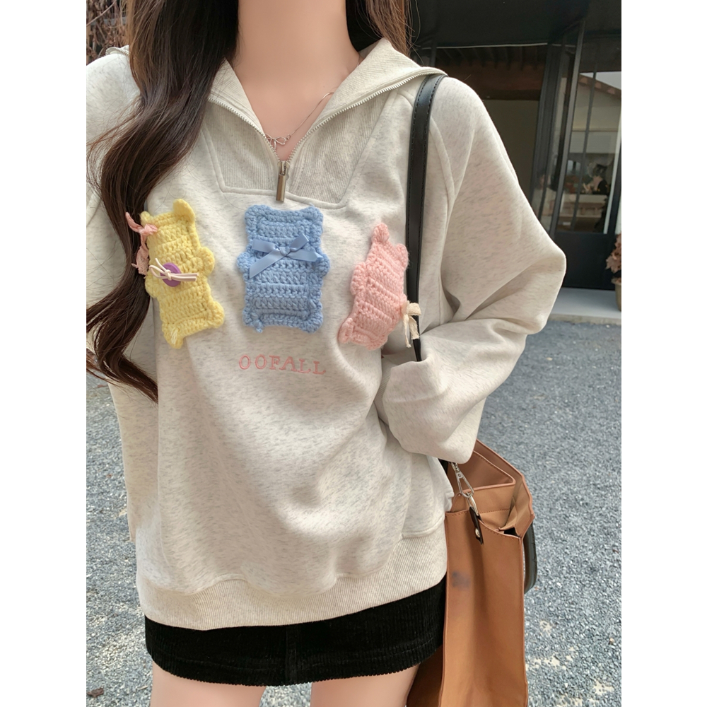 LN69134# 华棉复合加绒半拉链卫衣女秋季三只小熊毛巾绣花 服裝批發女裝批發服飾貨源