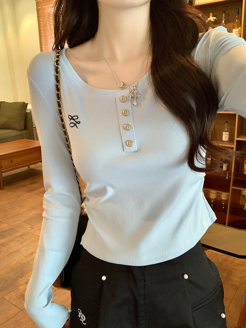 PF26066# 实拍2*2人棉260克长袖t恤女装春秋薄刺绣短款修身打底衫圆领上衣