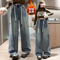 批发实拍 加绒牛仔长裤星星刺绣宽松紧高腰直筒显瘦<b class='q'>加肥</b>大码<b class='q'>女装</b>230斤