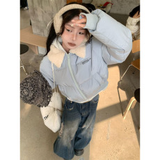 批发美式复古风字母刺绣羊羔毛拼接翻领棉衣外套冬季防寒加厚短款棉服