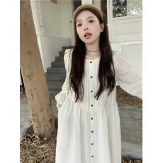 批发韩系褶皱长袖<b class='q'>连衣裙</b>女早秋新款设计感高腰宽松长款A字裙子潮