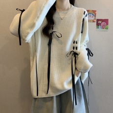 批发蝴蝶结绑带毛衣女冬季2024新款大码微胖mm显瘦宽松设计感针织上衣