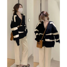 批发毛衣外套女新款韩版宽松慵懒风针织开衫<b class='q'>条纹</b>百搭简约上衣潮