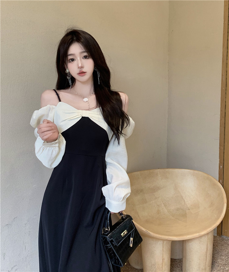 슈퍼 화재 빅 사이즈 이른 가을 품격 오프숄더 여성 드레스 새로운 통통한 여동생 표지 배 슬림해 보이는 프랑스식 그는 벤 바람 치마