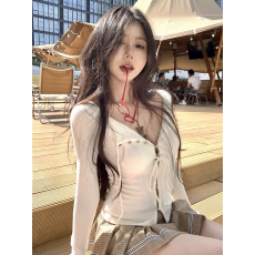 批发实拍实价秋季白色小众V领系带褶皱<b class='q'>开衫</b>上衣修身百<b class='q'>搭</b>外穿<b class='q'>长袖</b>T恤女