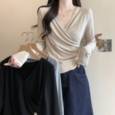 批发实拍~三标齐~大码胖mm法式设计感长袖针织衫女秋季v领上衣