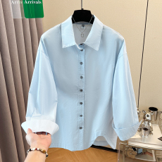 批发实拍2025秋新款设计感不规则蓝色衬衫女袖松弛宽松衬衣上衣