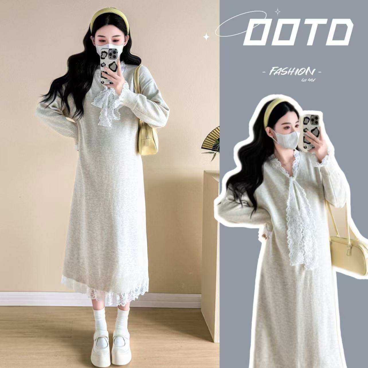 실사 지금 지금 가을 겨울 새로운 레이스 나비 매듭 패치워크 니트 임산부 드레스