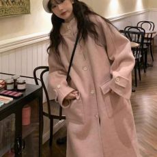 批发<b class='q'>欧美</b>复古温柔风粉色连帽毛呢外套女2024秋冬季宽松长款双面呢大衣