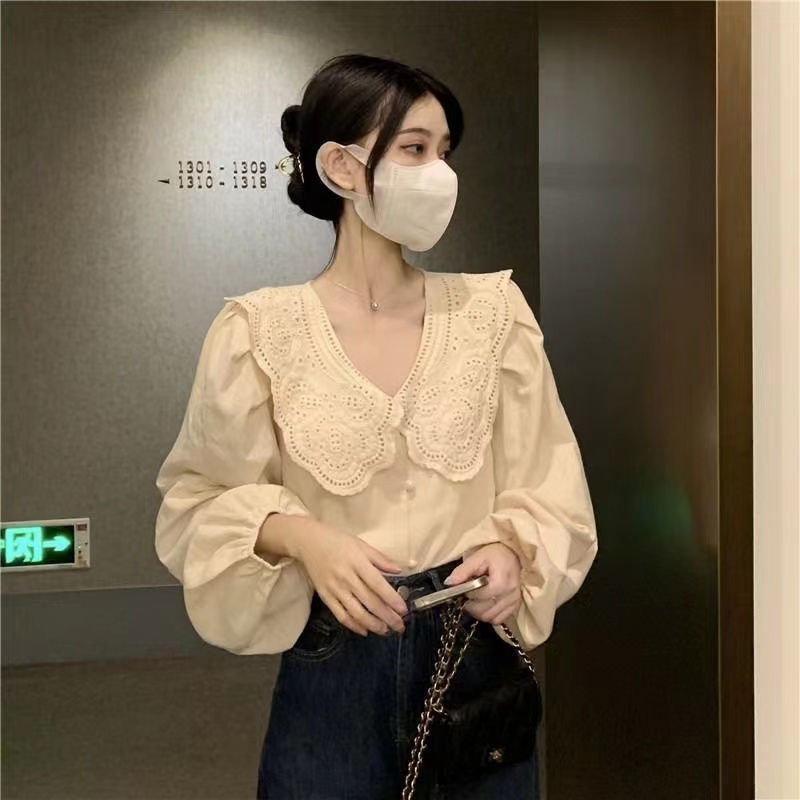 PF26045# 早秋chic上衣气质设计感小众别致娃娃领长袖女衬衫2024年新款女装女裝貨源服裝批發