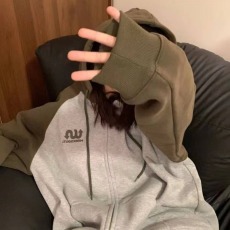 批发美式拼接慵懒秋季帽卫衣卫衣oversize复古外套撞色宽松春秋款