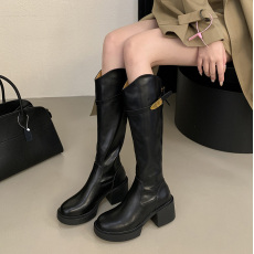 批发高跟长靴不过膝2025秋<b class='q'>冬</b>厚底V口骑士靴粗跟高筒胖m粗腿大筒围女靴