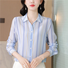 批发清爽海风淡蓝麦穗条纹印花法式文艺宽松显瘦桑蚕丝<b class='q'>真丝</b>长袖衬衫女