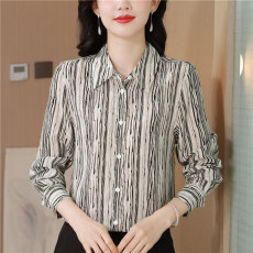 批发桑蚕丝<b class='q'>真丝</b>衬衫女长袖2025秋季新款高端复古小众条纹气质显瘦衬衣