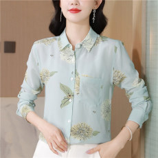 批发2025早秋新款印花桑蚕丝衬衫女宽松双绉衬衣气质长袖<b class='q'>真丝</b>长袖上衣