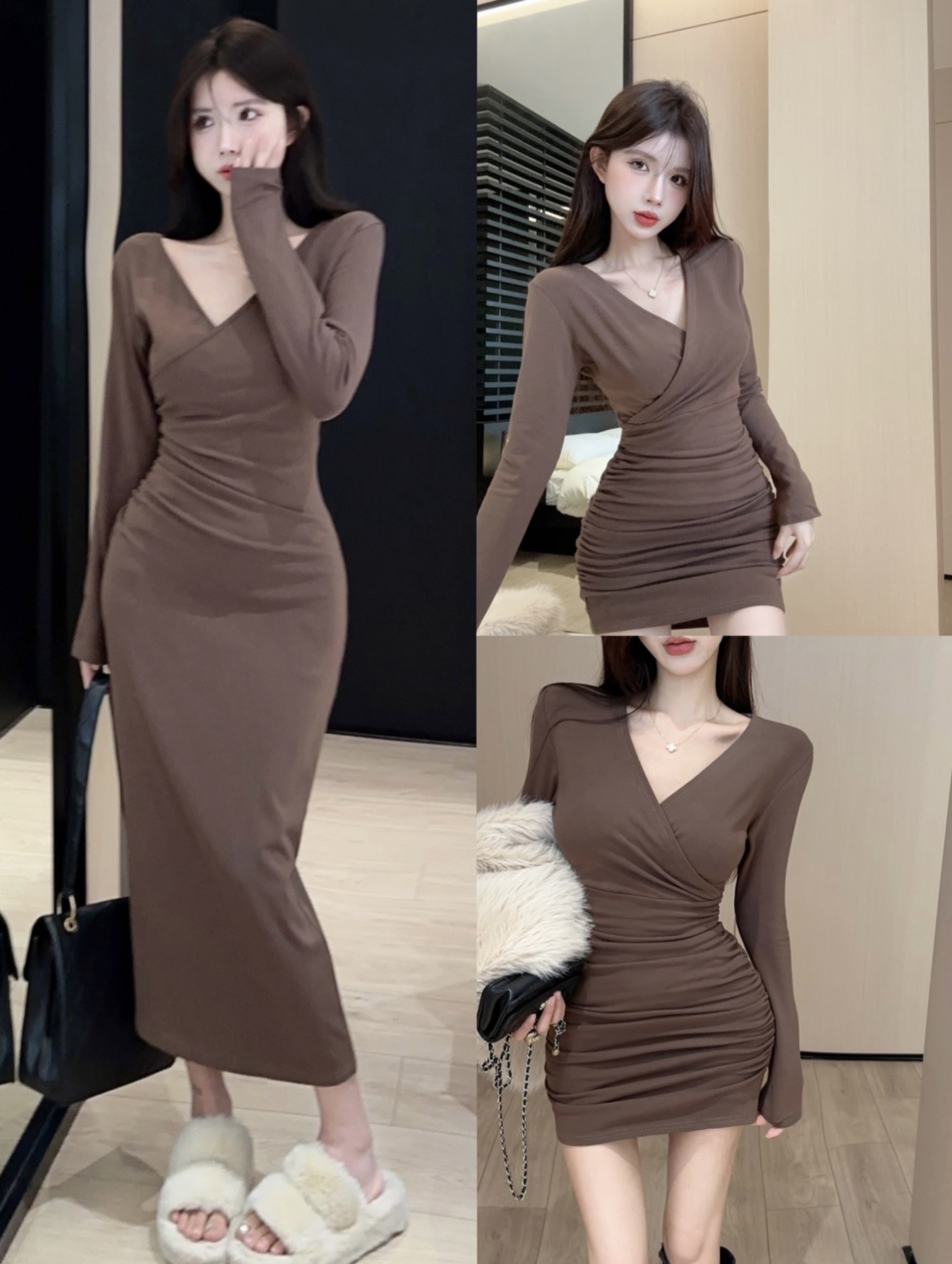 PF26115# 实拍辣妹V领长袖纯欲风性感收腰显瘦设计感包臀长款裙子