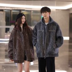 批发双拉链情侣装连帽外套男女2024秋冬季毛呢子大衣高级感加厚夹克